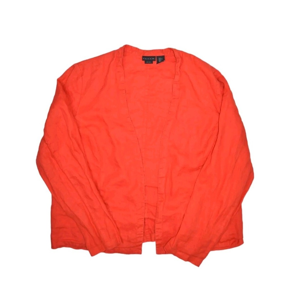 Tahari Shirt Womens XL Orange 100% Linen Open Front Long Sleeve Blouse